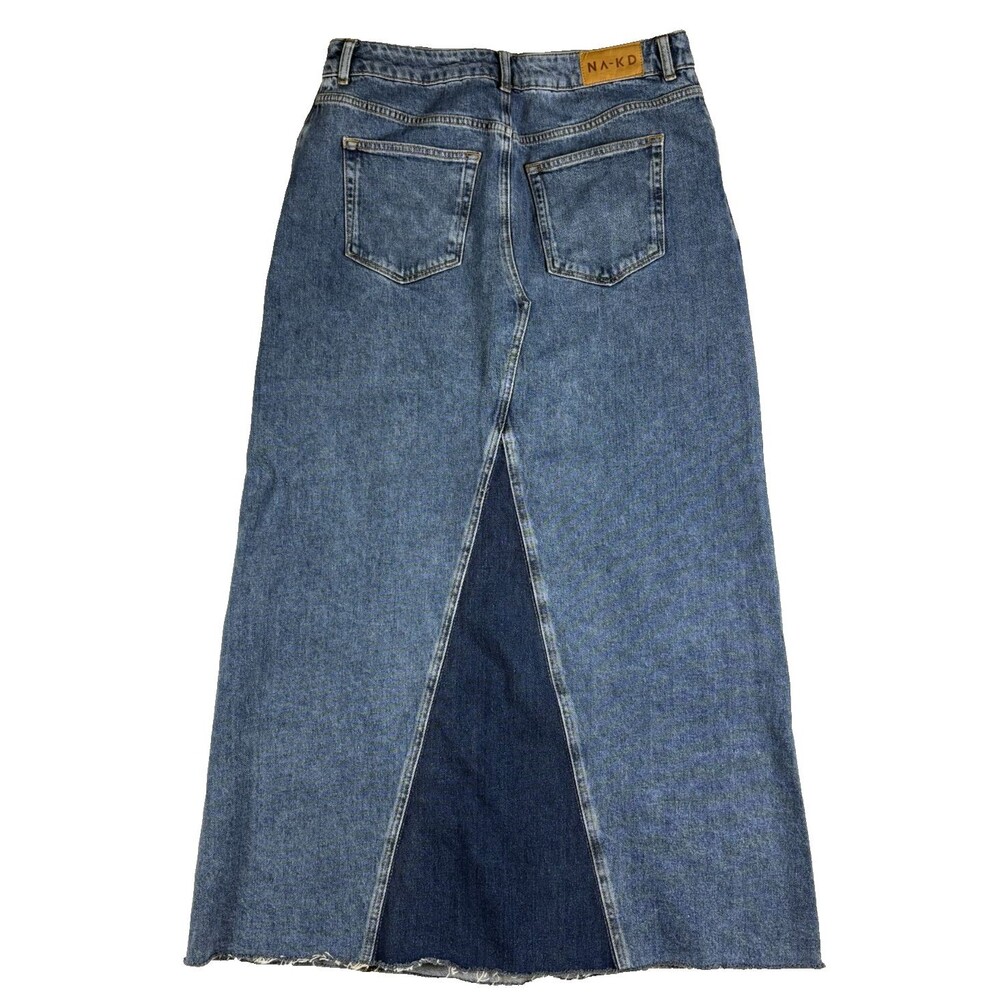 NA-KD Denim Maxi Skirt Contrast Panel Raw Hem Stretch Jean Women's M EU 40 - Picture 2 of 13